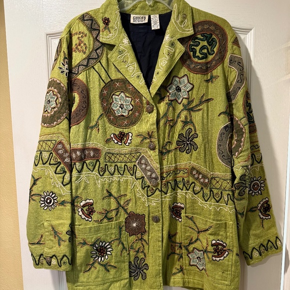 Chico's Green Embroidered Silk-Lined Jacket, Size 2 (L) - Picture 1 of 5